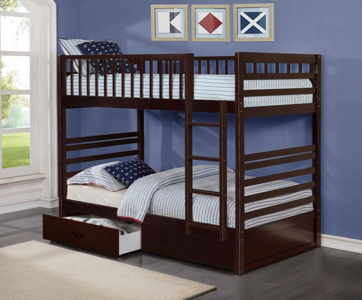 B110E Espresso Twin Over Twin Bunk Bed with Storage Drawers – Space-Saving Kids Bunk Bed