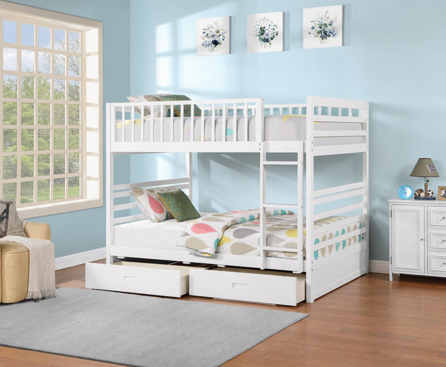 B115W White Double Over Double Bunk Bed with Storage Drawers – Full-Size Family Bunk Bed