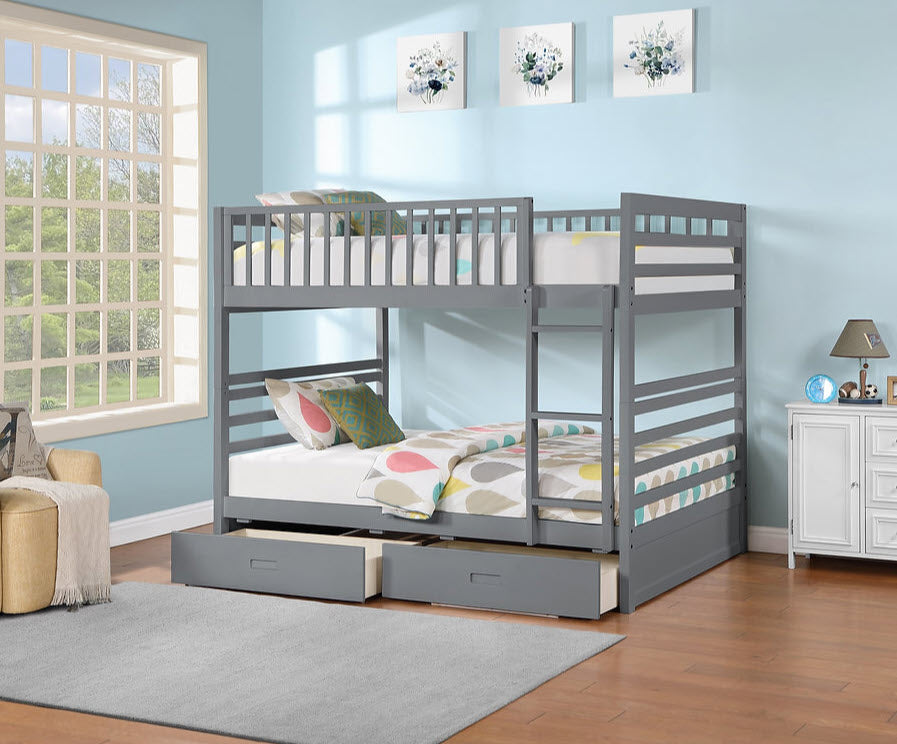 B115G Grey Double Over Double Bunk Bed with Storage Drawers – Space-Saving Family Bunk Bed