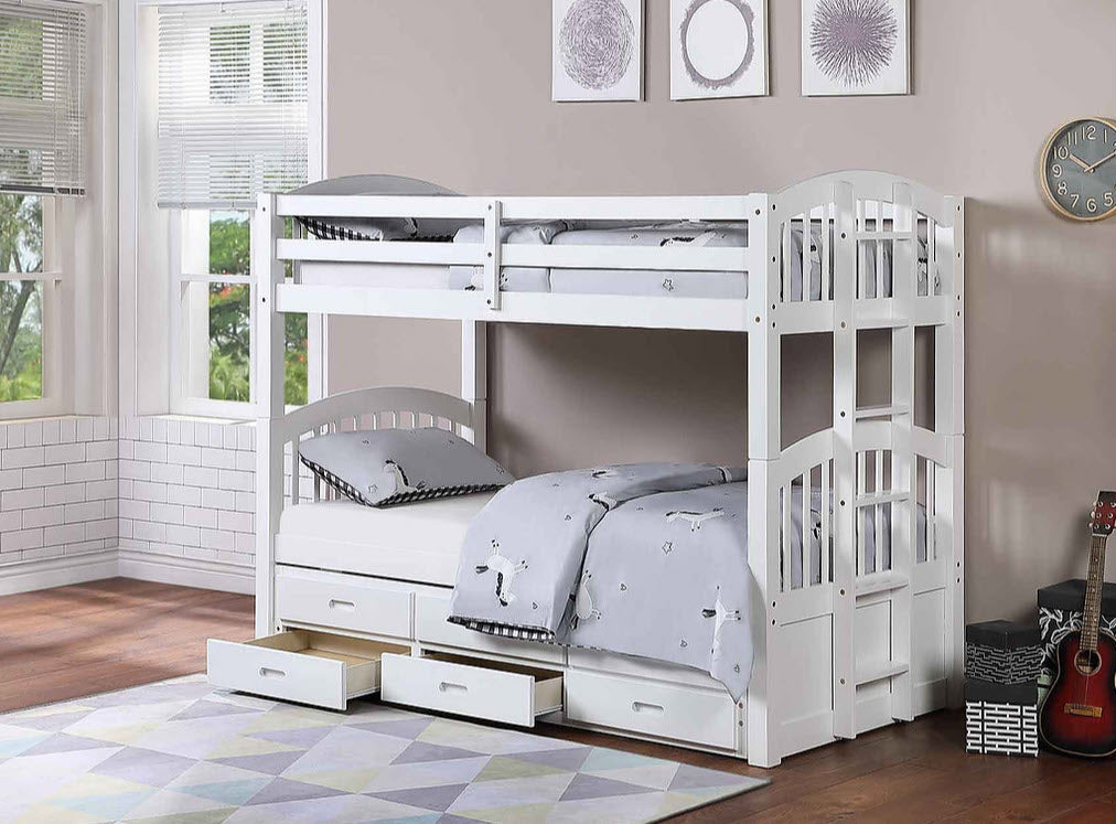 1842 White Twin Over Twin Bunk Bed with Storage Drawers & Trundle – Space-Saving Sleepover Bed