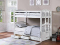 1842 White Twin Over Twin Bunk Bed with Storage Drawers & Trundle – Space-Saving Sleepover Bed