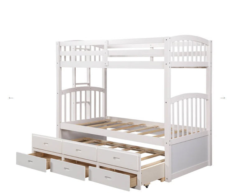 1842 White Twin Over Twin Bunk Bed with Storage Drawers & Trundle – Space-Saving Sleepover Bed