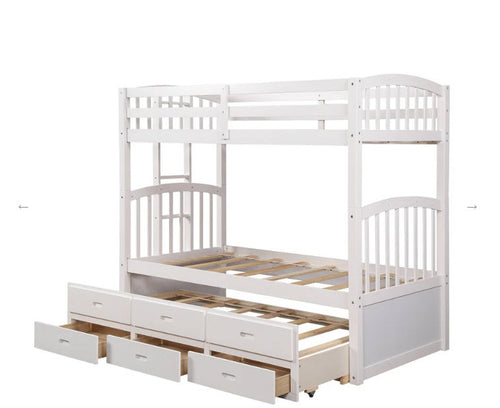1842 White Twin Over Twin Bunk Bed with Storage Drawers & Trundle – Space-Saving Sleepover Bed