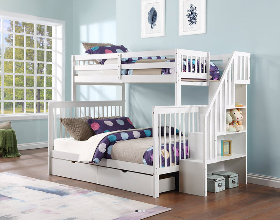 B1852 Single/Double Wood Bunk Bed with Storage Staircase