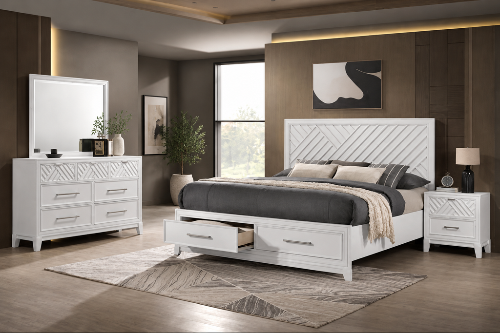 Global Furniture White Lattice Storage Bedroom Set – Double, Queen or King Platform Bed