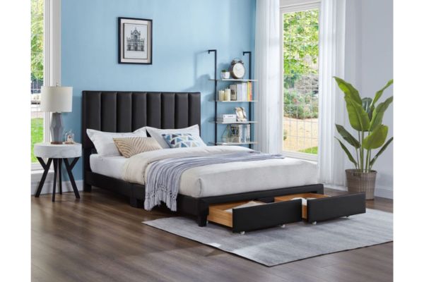 Titus T2120B Black Leatherette Storage Platform Bed with Footboard Drawers