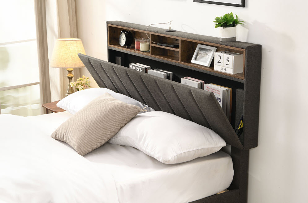 Titus T2178 Grey Linen Bookcase Platform Bed with USB Charging Port