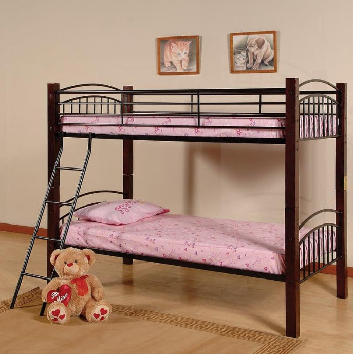T2910 Wood & Metal Twin Over Twin Bunk Bed – Industrial Style Space-Saving Bunk Bed
