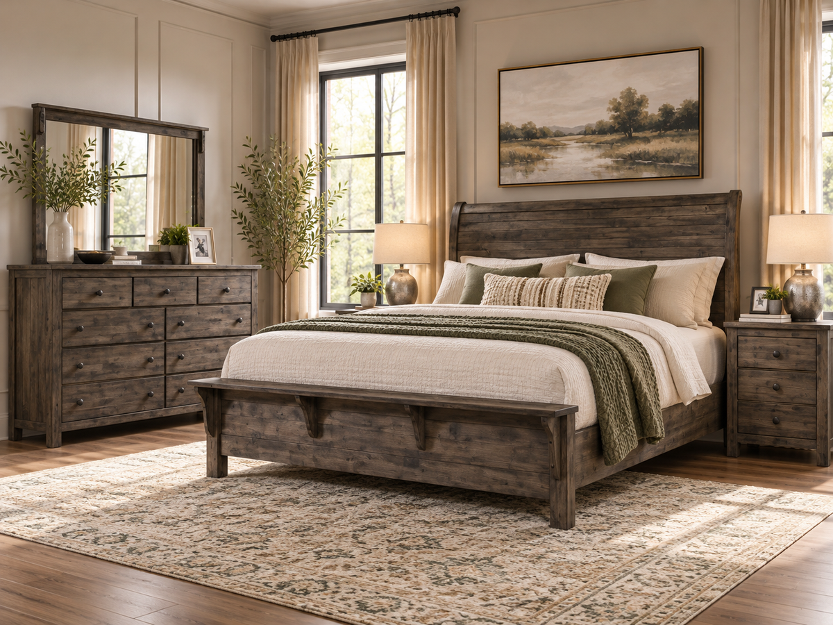 Global Furniture Wood Bench Sleigh Bedroom Set – Queen or King