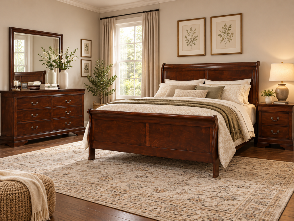 Mazin Louis Philippe Sleigh Bedroom Set – Cherry