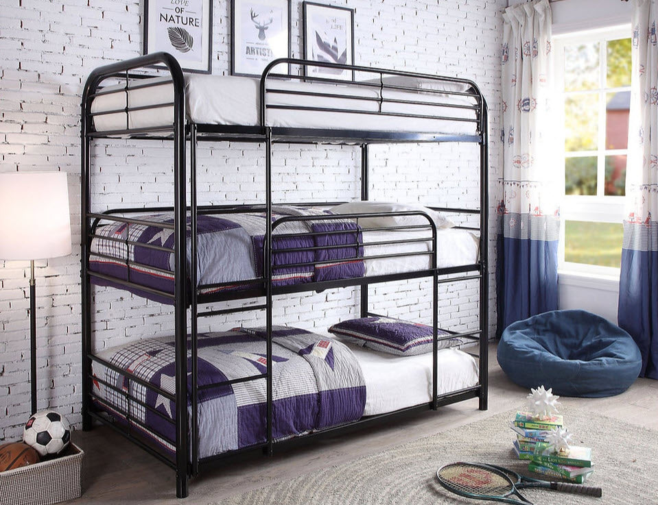 B503 Black Triple Bunk Bed – Single Over Single Over Single Space-Saving Bed
