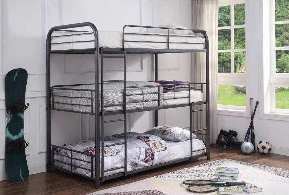 B504 Grey Triple Bunk Bed – Single Over Single Over Single Space-Saving Bed