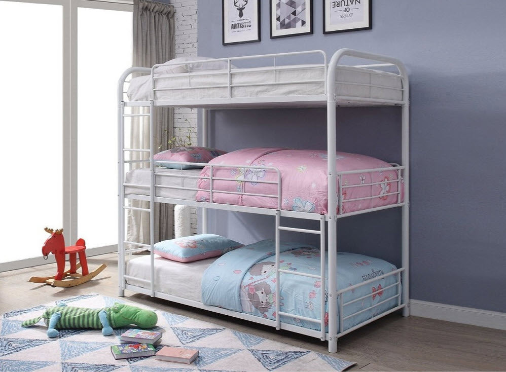 B505 White Triple Bunk Bed – Single Over Single Over Single Space-Saving Bed