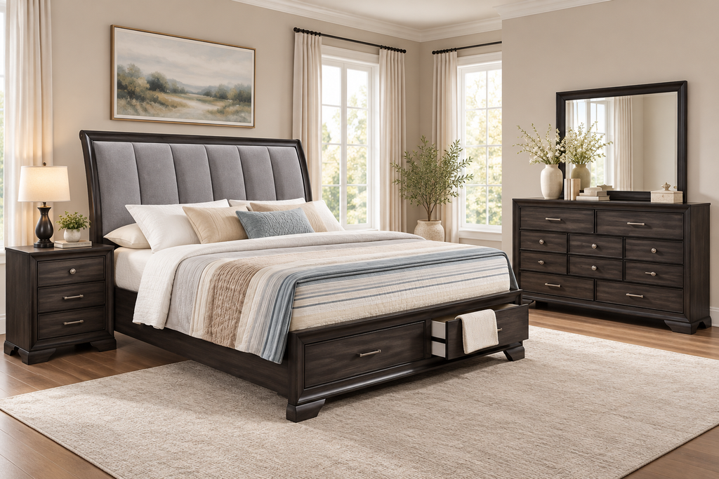Global Furniture Upholstered Sleigh Storage Bedroom Set – Queen or King