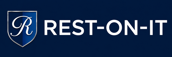 The logo for REST-ON-IT features a blue shield with a white stylized 'R' on the left, next to the brand name 'REST-ON-IT' in white uppercase letters, all set against a dark navy blue background.