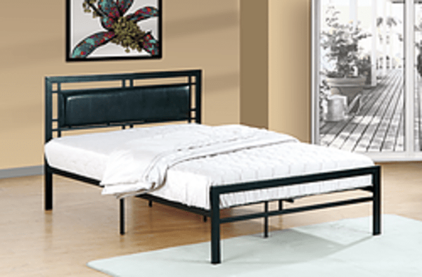 IF141B Black Metal Platform Bed with Padded Faux Leather Headboard