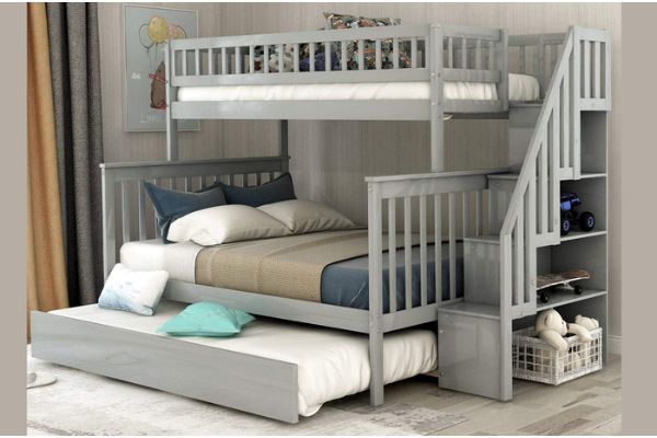 B1852 Single/Double Wood Bunk Bed with Storage Staircase