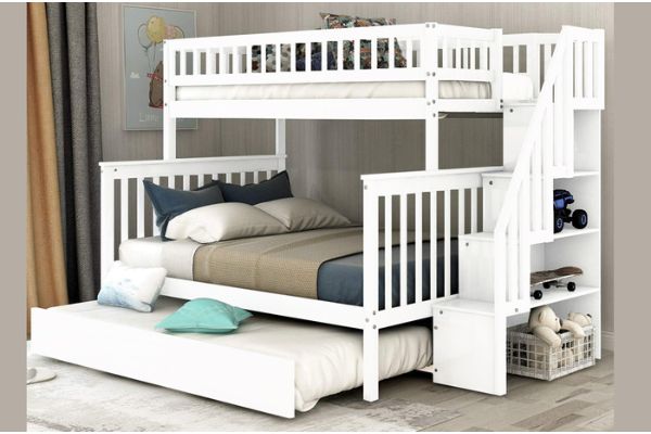 B1852 Single/Double Wood Bunk Bed with Storage Staircase