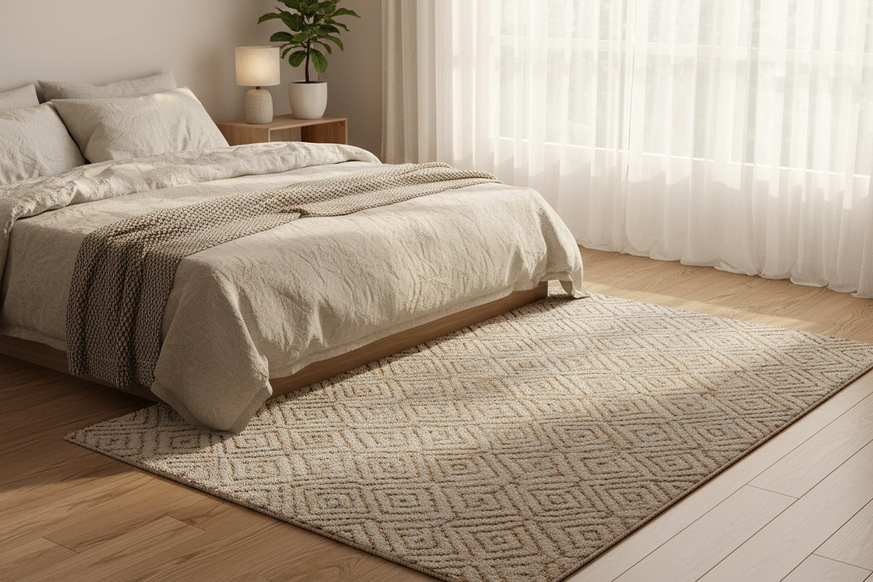 A beige and cream geometric patterned area rug styled on a light wood floor in a bright, modern bedroom next to a bed with neutral-toned bedding.