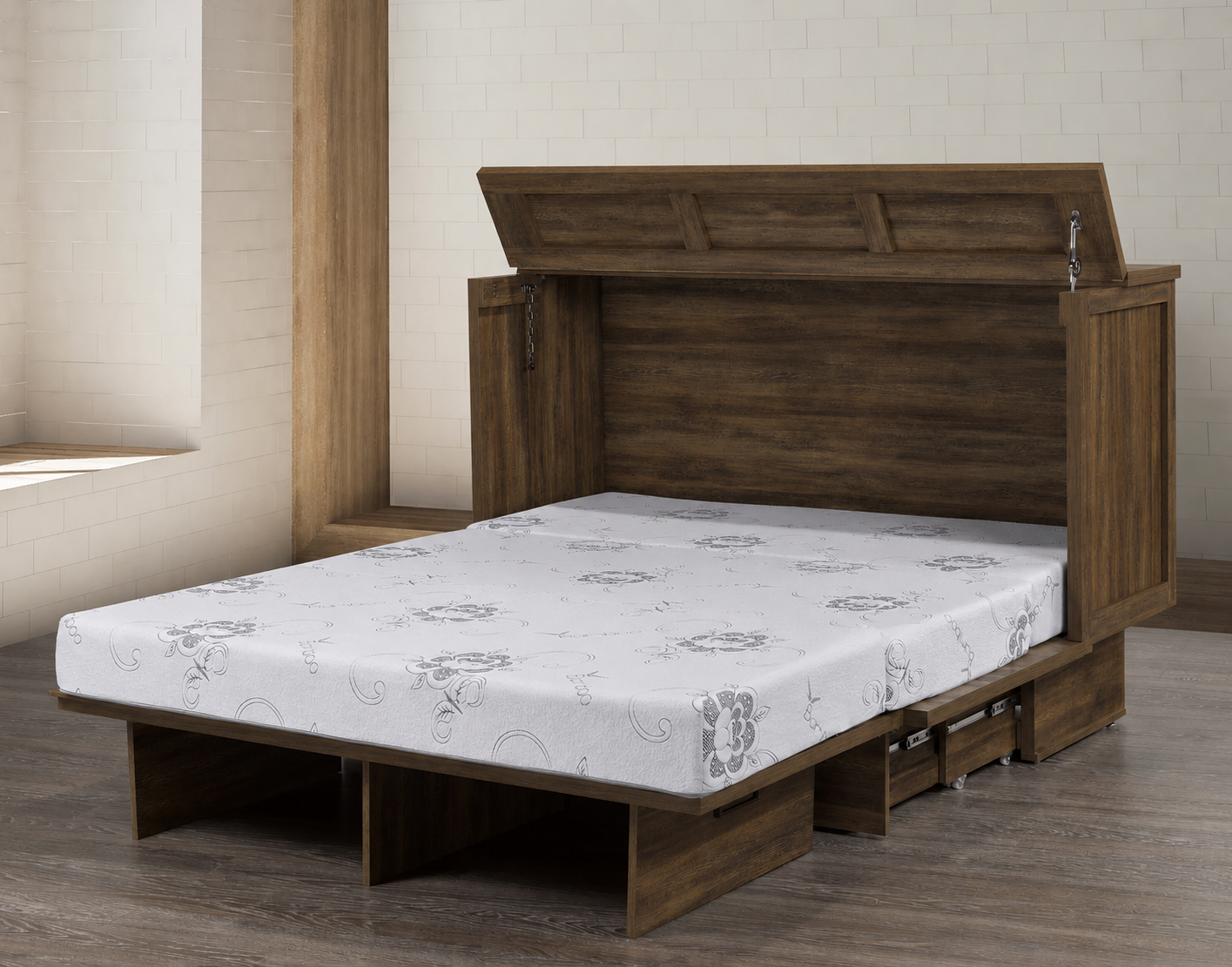 A dark brown wooden bed frame with a lift-up headboard showing storage compartments underneath, shown with a white patterned mattress on a wood floor against a light brick wall.