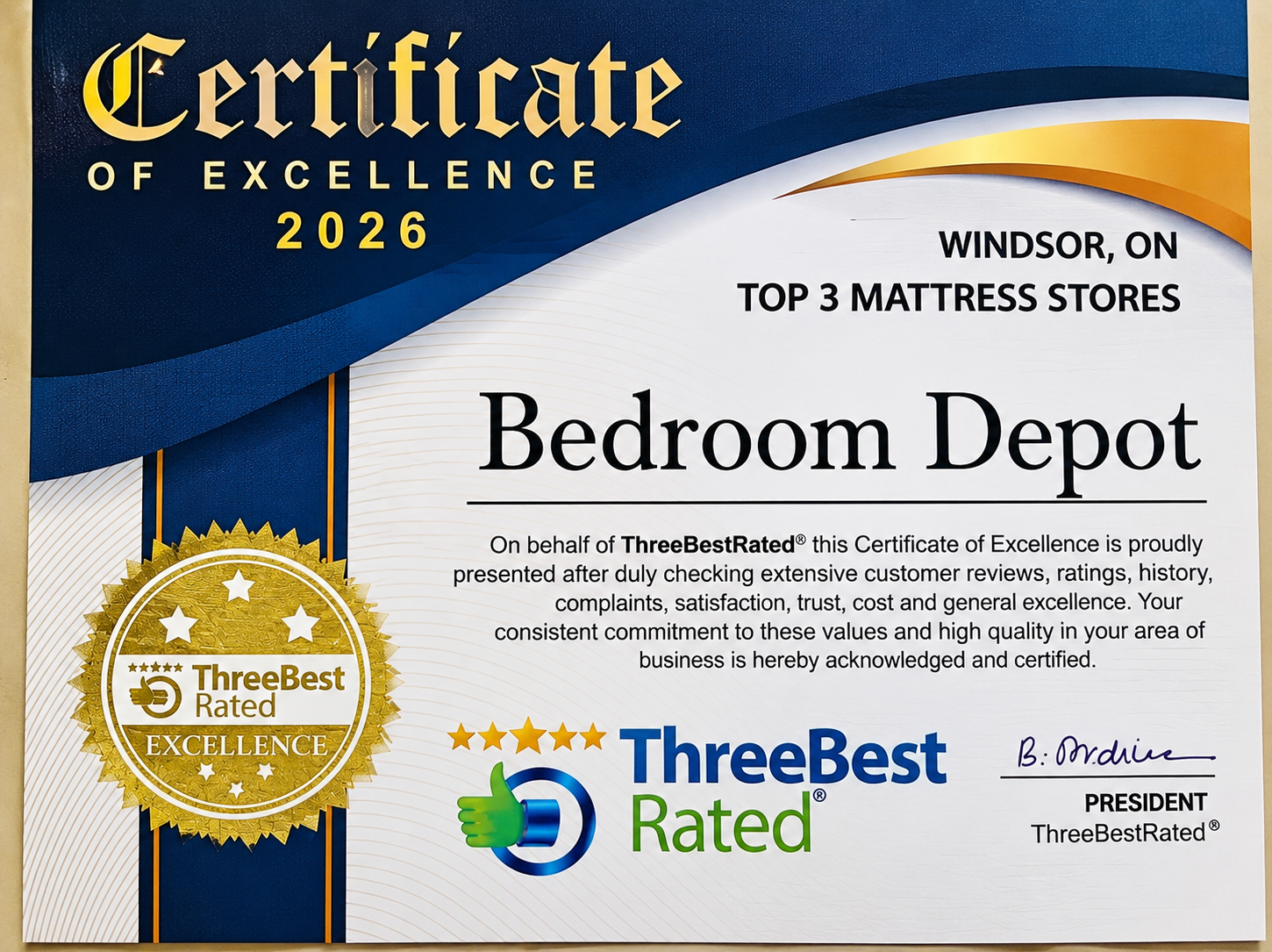 Bedroom Depot Three Best Rated 2026 Certificate of Excellence for Top 3 Mattress Stores in Windsor Ontario