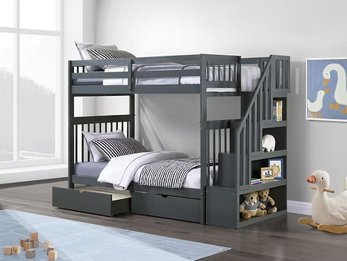1846 Grey Twin Over Twin Bunk Bed with Storage
