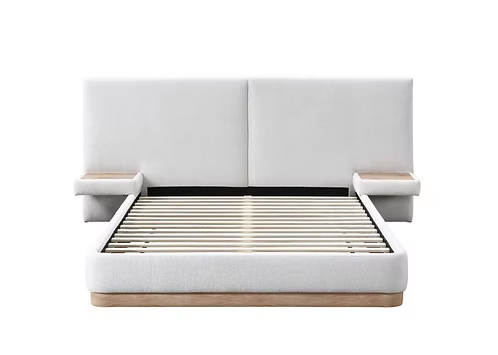 IFDC IF-5927 Ivory Upholstered Platform Bed with Floating Nightstands – Queen or King