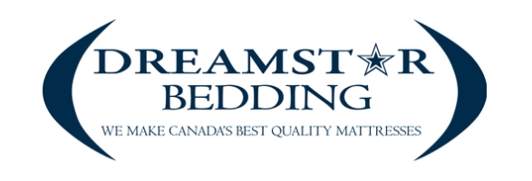Dreamstar Bedding logo on a white background, featuring navy blue crescent moon shapes and a star icon with the brand name and the tagline 'We make Canada's best quality mattresses'.