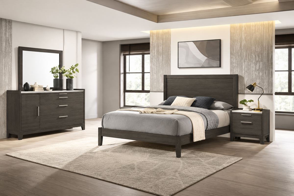 Global Furniture HD101 Dark Grey Bedroom Set with Faux Marble Tops – Single, Double or Queen