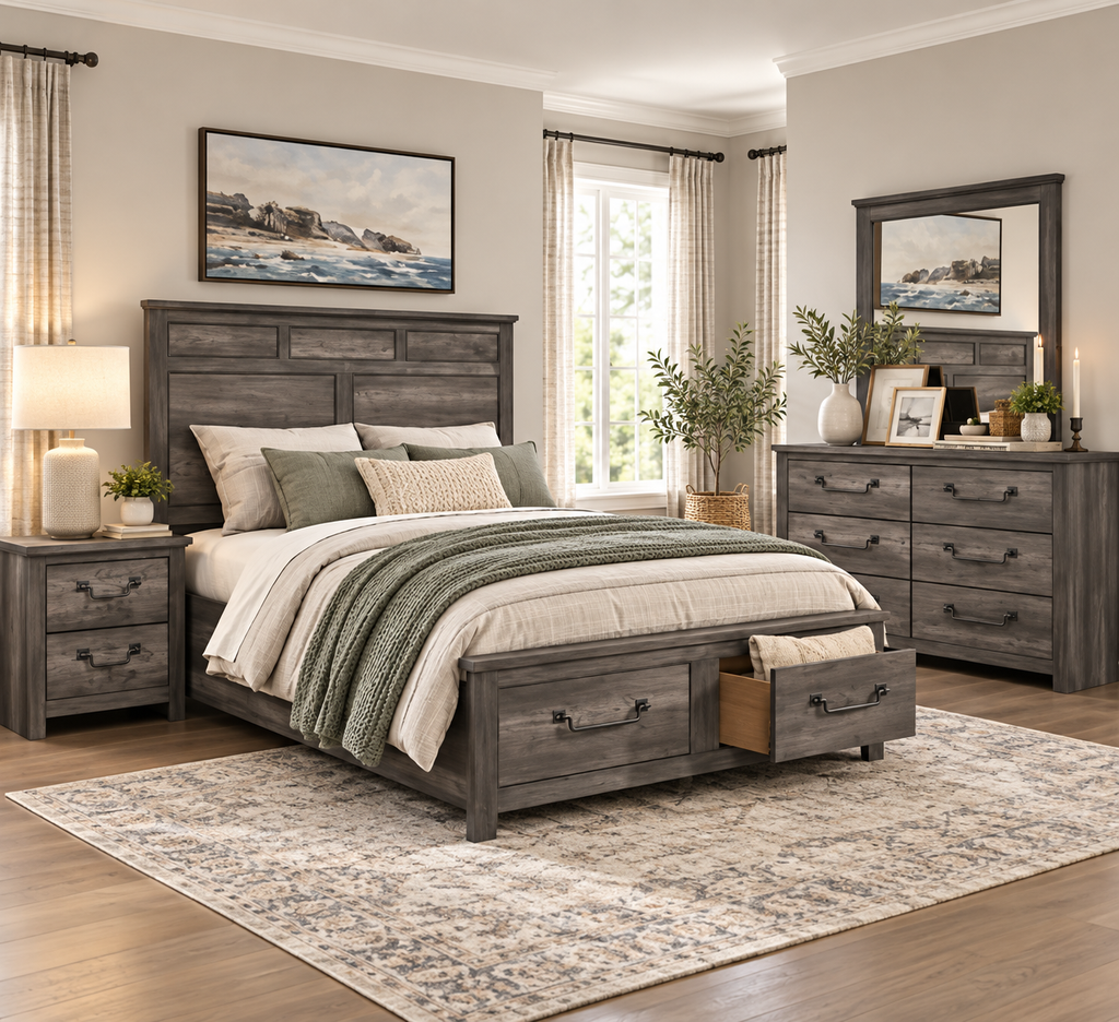 Lenior 1342 Distressed Grey Storage Bedroom Set – Queen or King Platform Bed