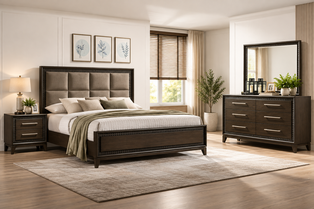 Global Espresso Upholstered Panel Bedroom Set – Queen or King