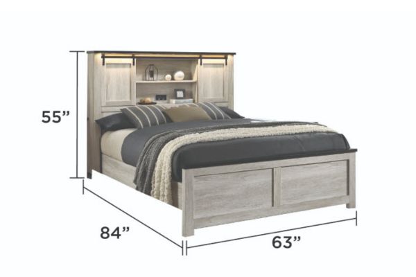 B1811 Heritage White-Wash Queen Storage Bedroom Set with LED & USB Headboard