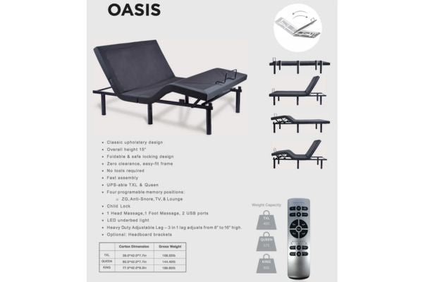 Sinca Oasis Adjustable Bed Base with Massage – Twin XL, Double, Queen or King