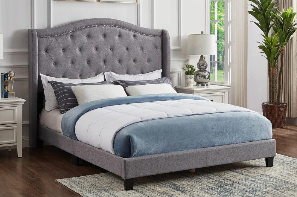 Titus T2173 Upholstered Wingback Platform Bed – Grey Linen or Charcoal Velvet