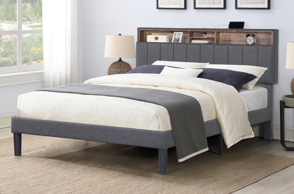 T2178 Fabric Bookcase Platform Bed W/ Charger
