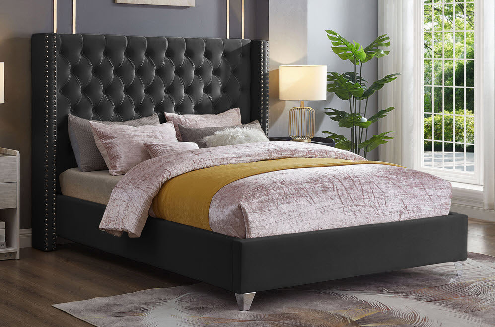 IFDC 589X Velvet Wingback Platform Bed with Chrome Nailheads