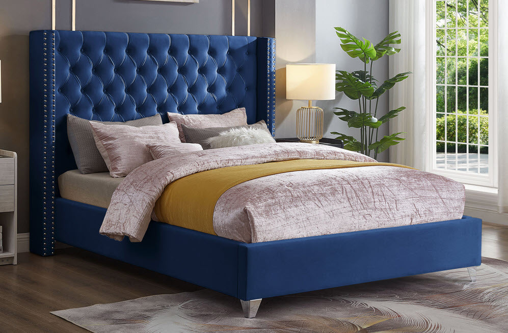 IFDC 589X Velvet Wingback Platform Bed with Chrome Nailheads