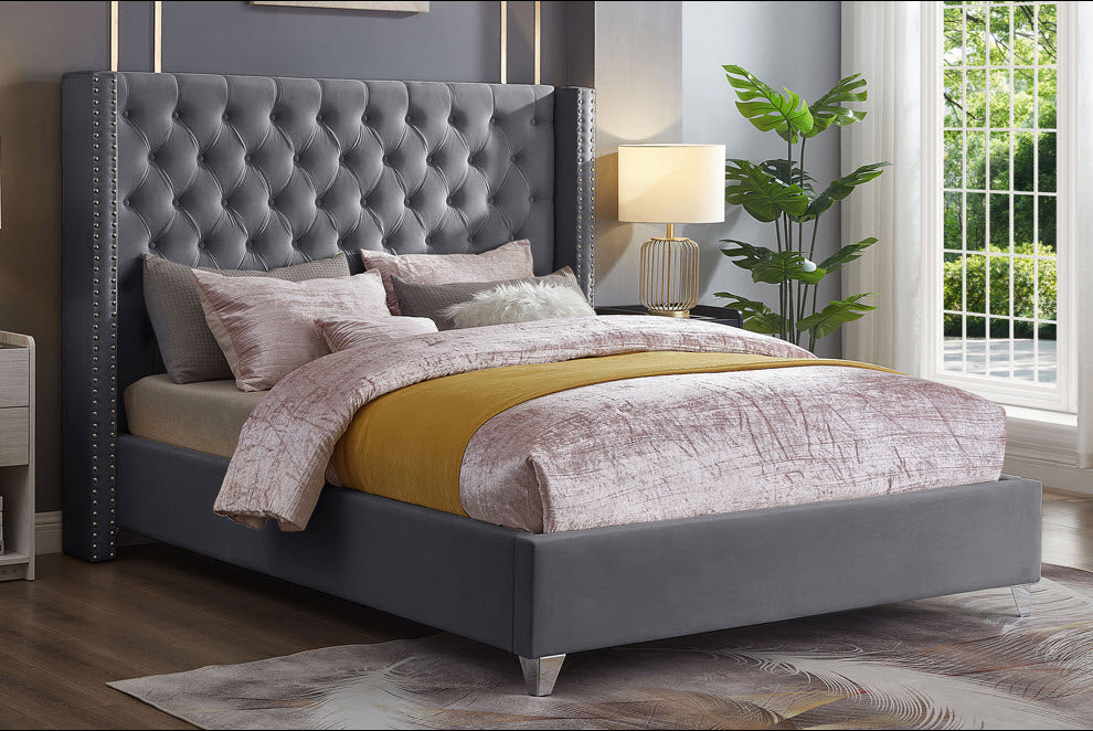IFDC 589X Velvet Wingback Platform Bed with Chrome Nailheads