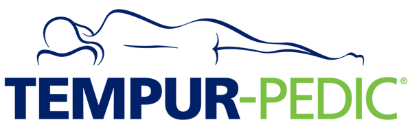 TEMPUR-PEDIC logo on a white background, featuring a dark blue line drawing of a reclining figure above the brand name, with 'TEMPUR-' in dark blue and '-PEDIC' in green.