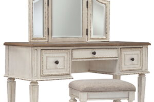Realyn - Vanity/Mirror/Stool (Set of 3) - White / Brown / Beige