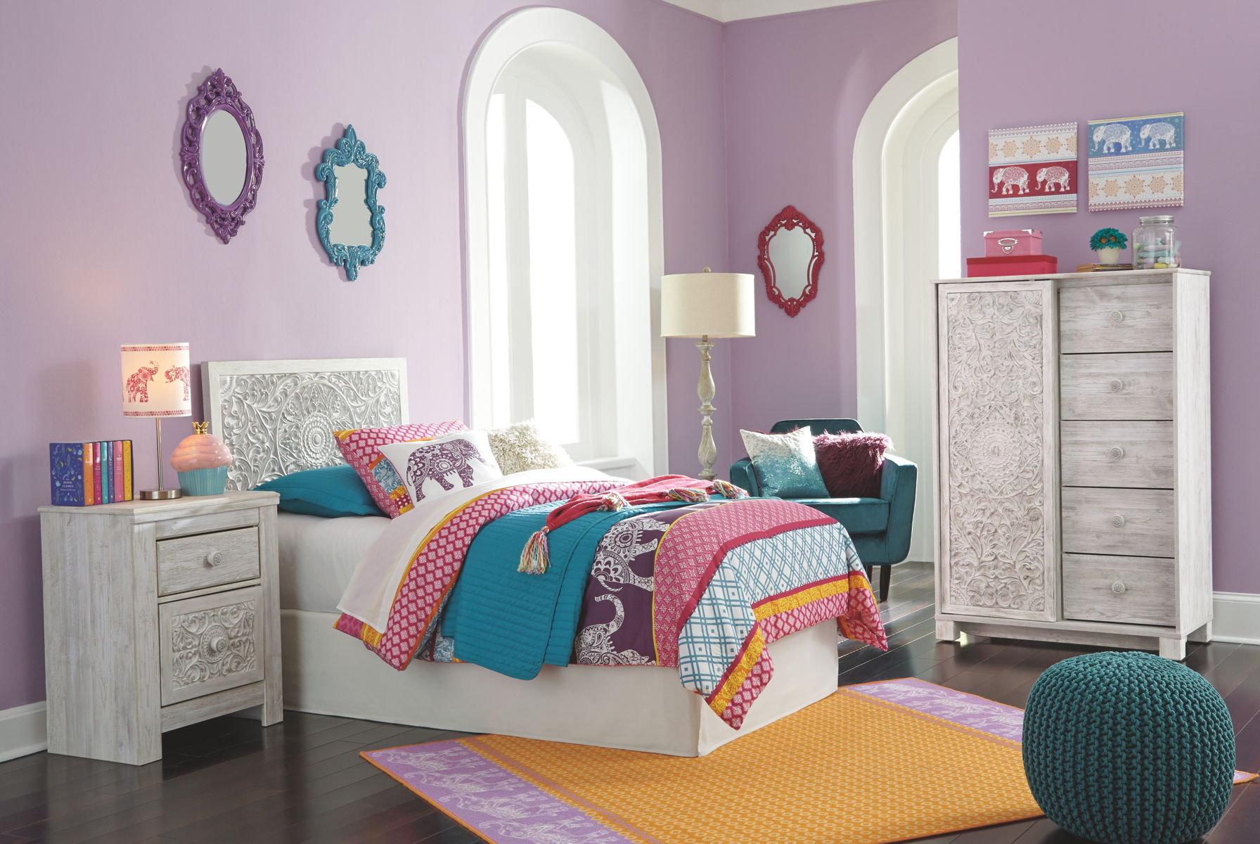 Paxberry - Twin Panel Headboard with Bolt on Bed Frame - Whitewash - Image 2