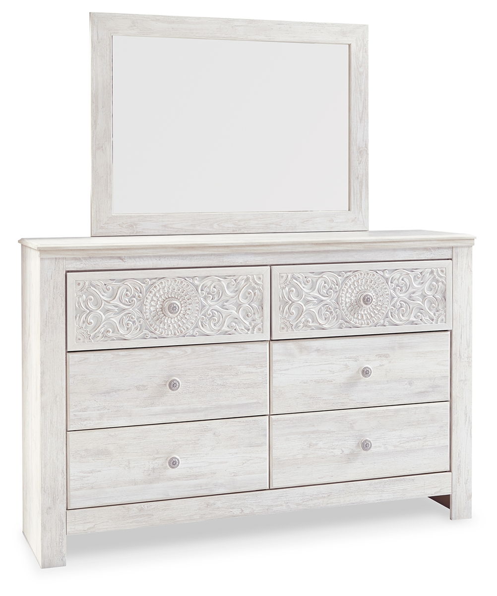 Paxberry - Dresser, Mirror - Medallion Drawer Pulls - Whitewash